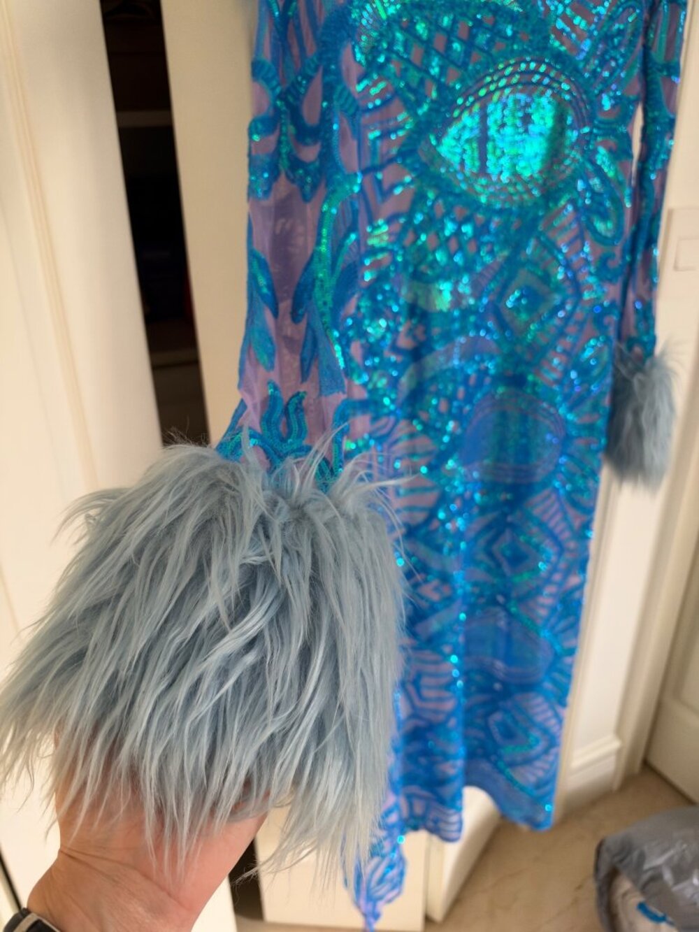 Sequin Festival Duster Faux Fur Cuff Blue Art Deco Robe